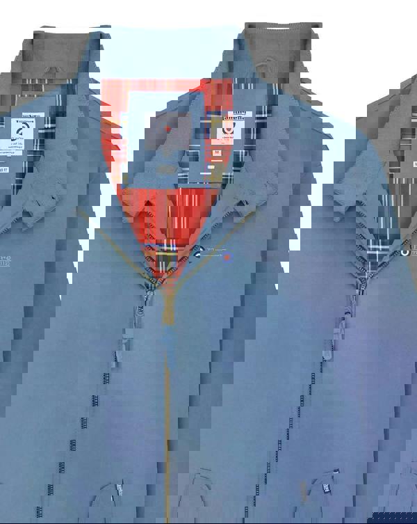 Lambretta Mens Showerproof Classic Harrington MOD Scooter Jacket Coat, blue regular fit jacket with front zipper, collared neck, and Lambretta branding, with red tartan inner lining.