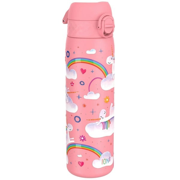 A pink water bottle features rainbow-colored unicorns on clouds surrounded by stars and hearts in a whimsical design. The text "ION8" is at the bottom.