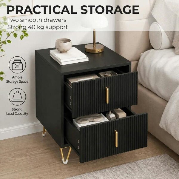 Elegant Fluted Bedside Table - Black/Gold-Tone