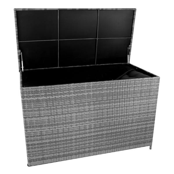 Grey rattan cushion storage box with a textured woven design, featuring a spacious interior and a sturdy, hinged lid