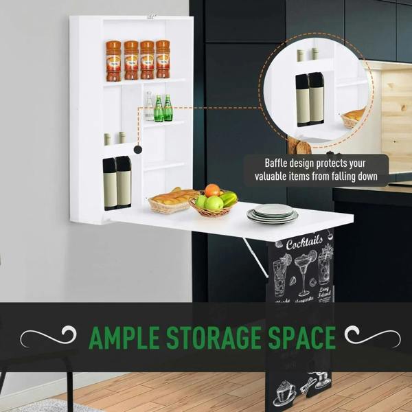 White wall-mounted drop-leaf desk with chalkboard and storage compartments.