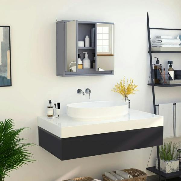 Grey wall mirror cabinet above sink with open doors showing shelves