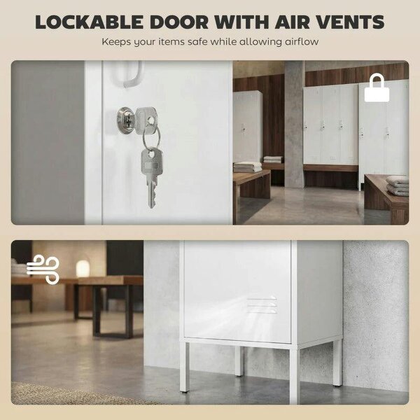 Metal Locker Cabinet with Hanging Rod, Lock and Key, Single Locker Storage Cabinet with Shelf, White