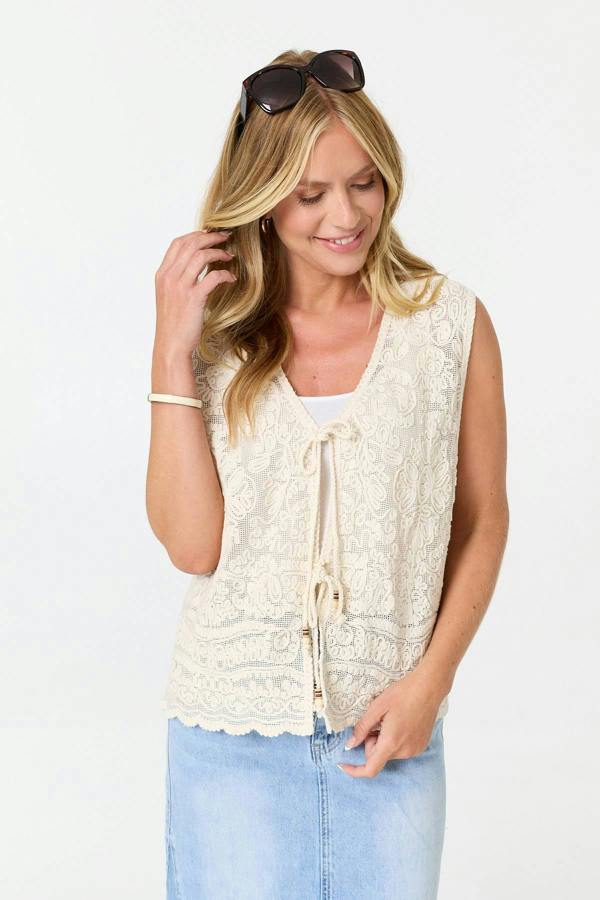 Ivory | Embroidered Texture Tie Front Vest Top