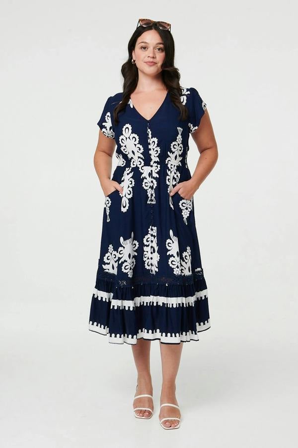 Navy | Curve Printed Cap Sleeve Midi Dress
