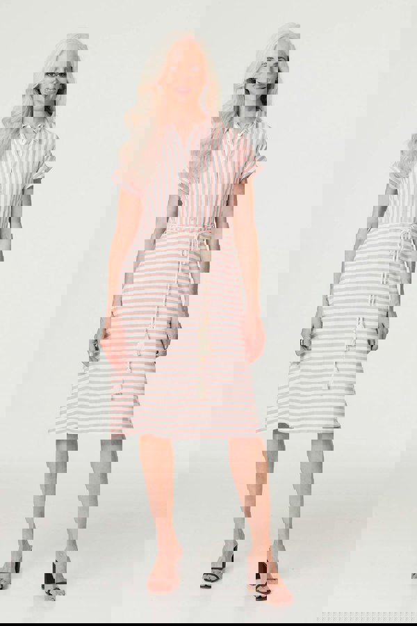 Pink | Striped Tie Waist Knee Length Dress