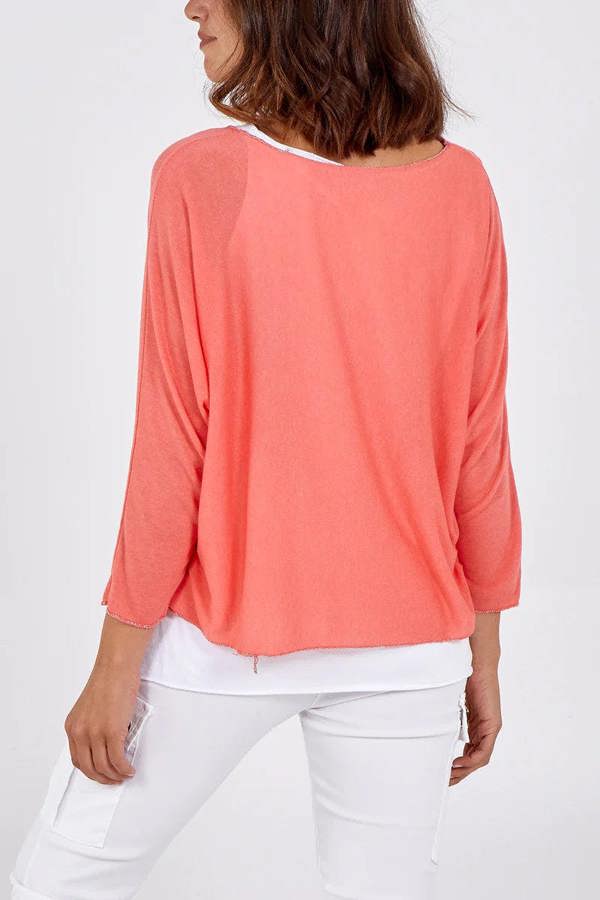 Hoxton Gal Oversized Long Sleeves Layered Blouse With Necklace In Coral And White