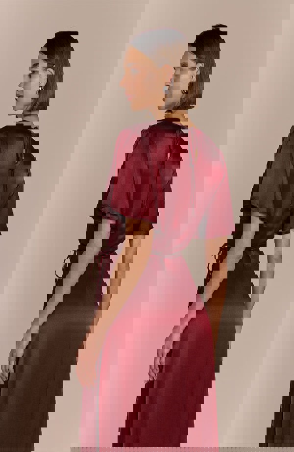 Rewritten London Florence Waterfall Dress in Chianti Satin