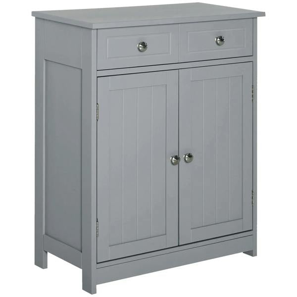 Grey freestanding bathroom storage cabinet with two drawers and double doors