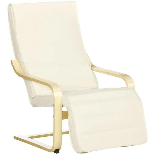 Cream upholstered lounge chair with curved wooden arms and base, supporting ottoman frame