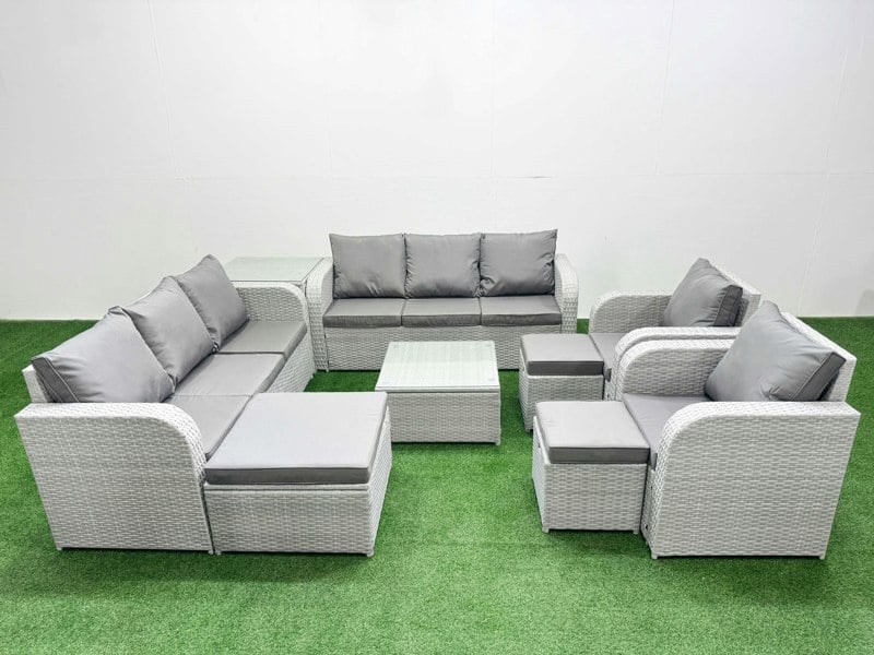 Fimous PE Rattan High Back Lounge Sofa Set Patio Square Coffee Table & Chairs Set with 3 Seater Sofa Reclining Chair 3 Stools Side Table Light Grey