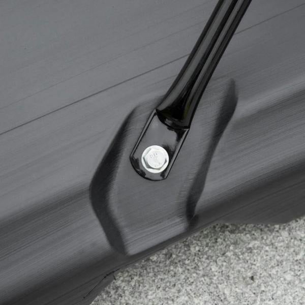 Black hoop stand leg with mounting bolt and adjustment hardware, close-up