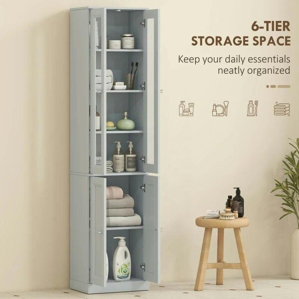Tall Bathroom Storage Cabinet, 6-Tier Slim Bathroom Cabinet with Adjustable Shelf, 4 Soft-Close Doors, Dusty Blue