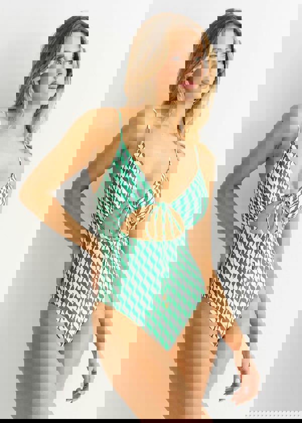 Gini London Green Wave Print Tie Front Swimsuit