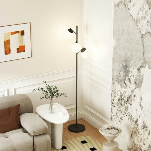 Wyld Haus Dorizi Metal Black 3 Light Tree Floor Lamp With Globe Shades And Steel Base