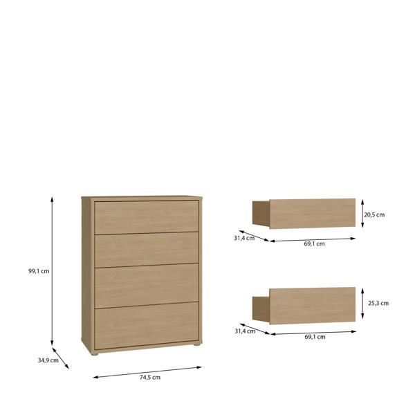 Alice Springs 4 Drawer Chest with Push-to-Open Drawers in Elegancia Oak and White