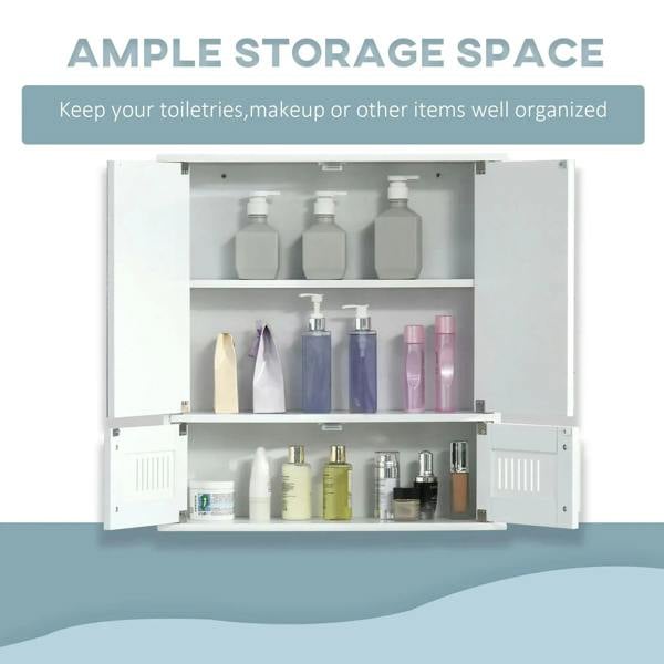 White bathroom mirror cabinet with doors open, interior shelves holding bottles and toiletries