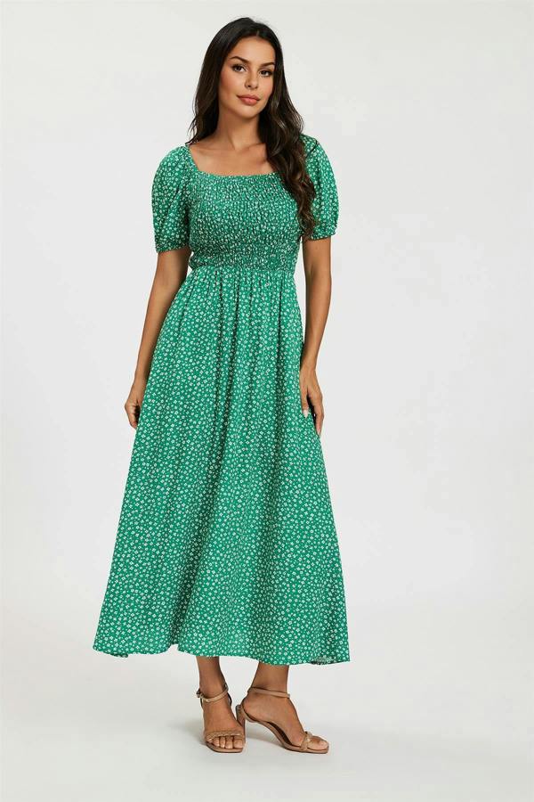 FS Collection Floral Print Short Sleeve Midi Dress In Green