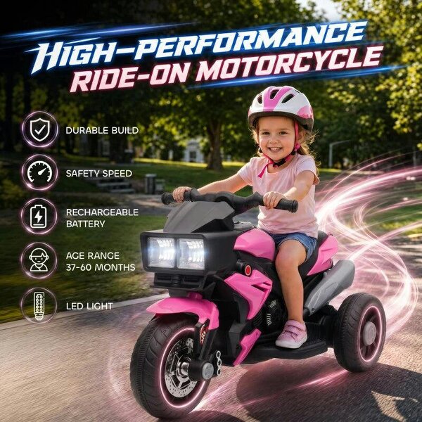 Kids Electric Motorcycle Ride-On Toy, 3-Wheel Battery-Operated Motorbike with Horn, Toddler Ride On Bike, Pink