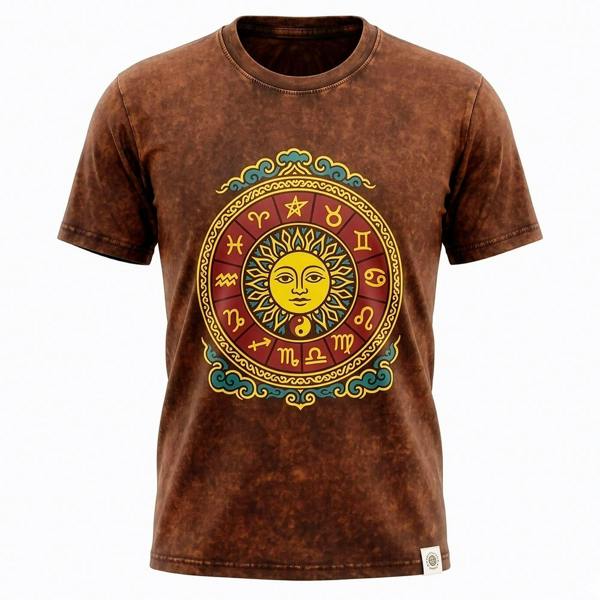 Brown stonewashed cotton T-shirt with centered sun zodiac graphic, short sleeves