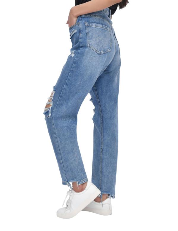 Smart Living Women's Casual Style High-Waist Torn Hem Rip Mom Jeans - Mid Wash