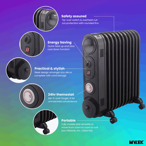 Mylek Oil Filled Radiator Electric Heater, Portable, Thermostat and 24hr Timer by Mylek 2500w Black