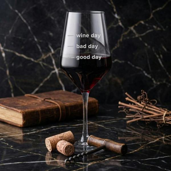 Novelty 'Good Day, Bad Day, Wine Day' glass by Abode Home & Gifts filled with red wine on a dark marble surface.