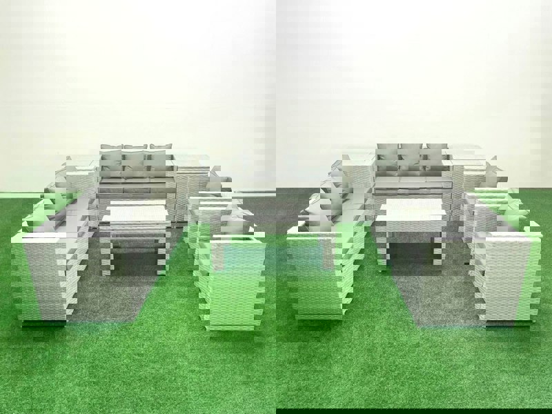 Fimous Outdoor Garden Furniture Rattan Sofa Set with 2 Armchairs Oblong Coffee Table 2 Side Tables Light Grey Mixed