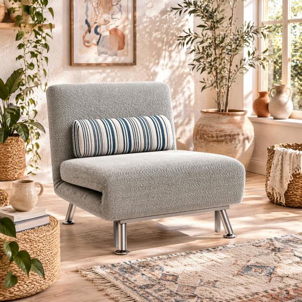 Wyld Haus Coyo Kere Fabric Light Grey Single Sofa Bed With Fold Out SleeFauxr Design And Pillow