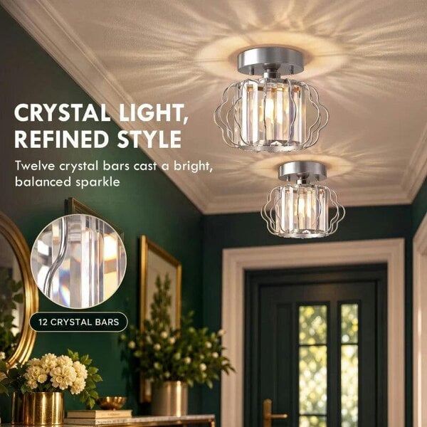 Crystal Ceiling Light Fixtures, Modern Semi-Flush Ceiling Lighting with Crystal Strips, 2 Pack, Silver Tone