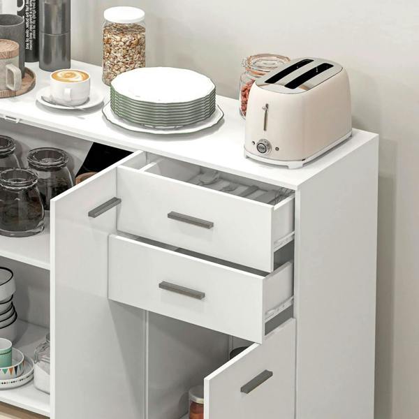 High-gloss white sideboard cabinet with open drawer and inner shelving compartments