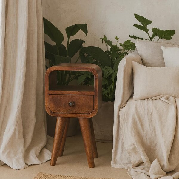 Wyld Haus Cagliari Small Chestnut Curve Drawer and Shelf Bedside Table