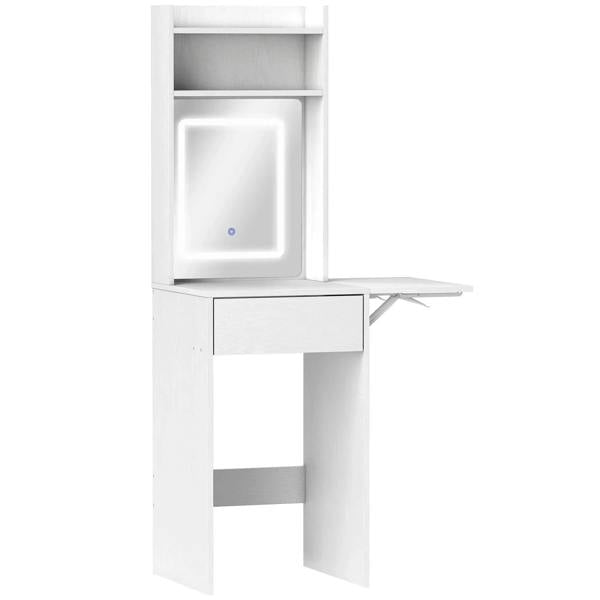 White compact vanity desk with mirror, open drop-leaf, drawer and open shelves