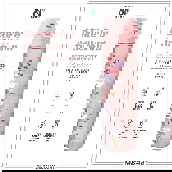 A pink water bottle, featuring a unicorn design, sits against a white background. It is made from a plant-based polymer, is BPA-free, odour resistant, and dishwasher safe. The text advertises it as "Better for the World."