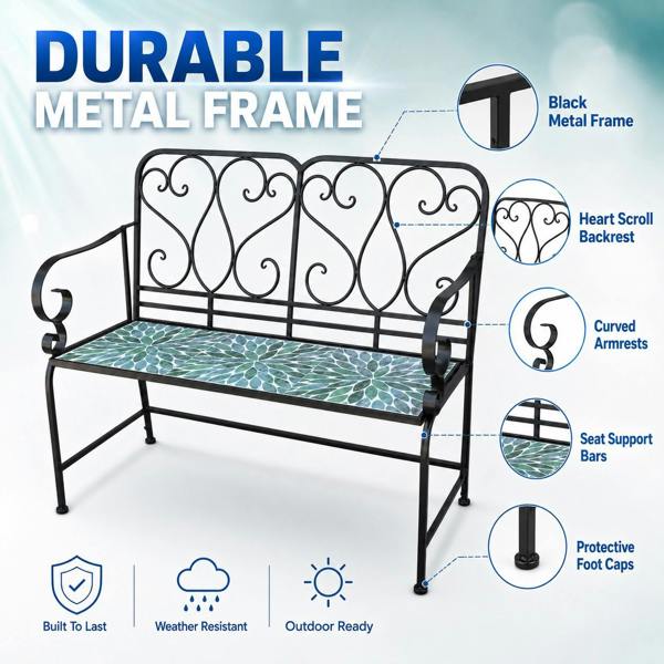 Leaf Mosaic 2 Seater Garden Bench, 112cm Outdoor Patio Seat with Ceramic Tile Seat, Scrollwork Backrest & Metal Frame image 6
