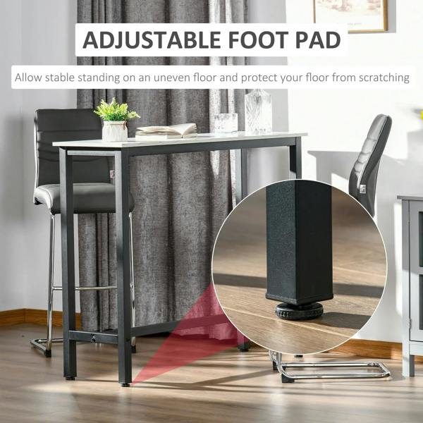 White marble-effect bar table with black adjustable foot pad and open underframe