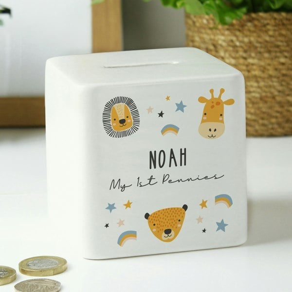 Personalised Memento Company Personalised Scandi Safari Animals Ceramic Square Money Box