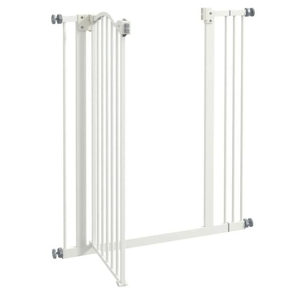 Folded white metal dog safety gate for storage with hinged side supports