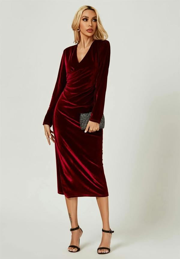 FS Collection Velvet Wrap Style Long Sleeve Midi Dress In Wine