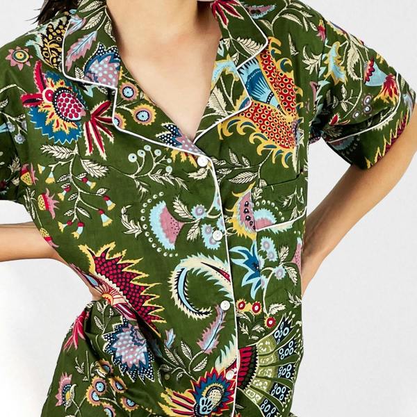 Hayley & Co Green Block Print Floral 100% Cotton Short Pyjama Set