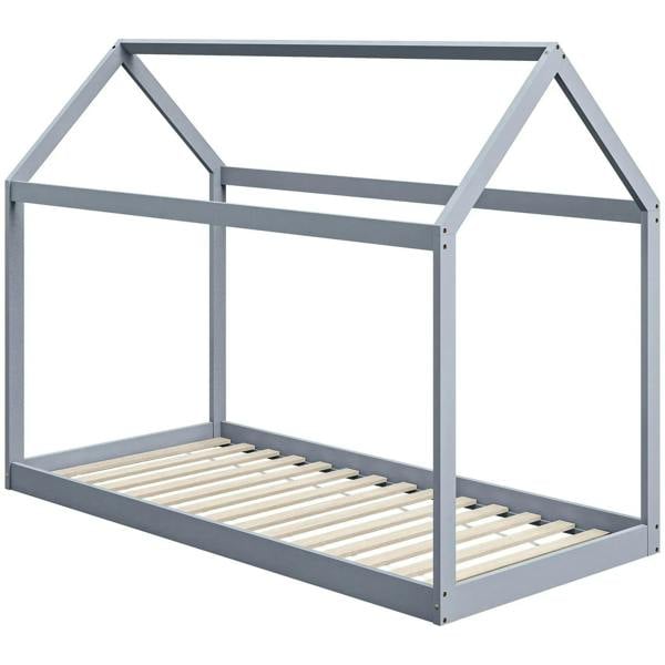 Grey single bed frame with pine slatted base and enclosed side rails