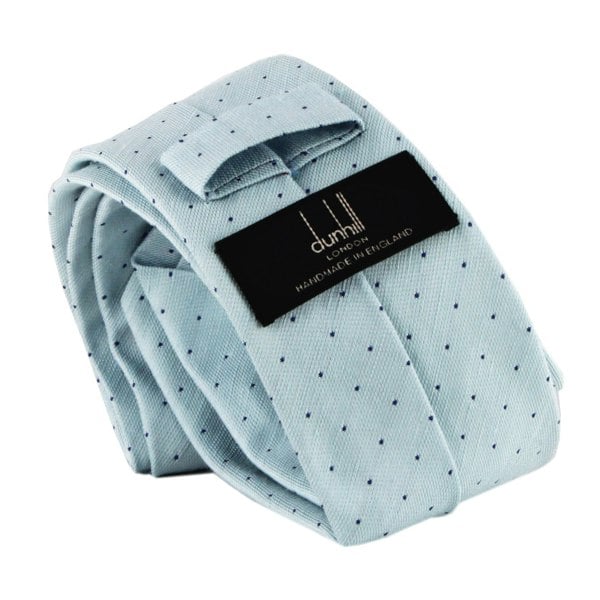 Dunhill woven twill tie in a pin dot pattern Woven raw silk with a natural slub to the fabric