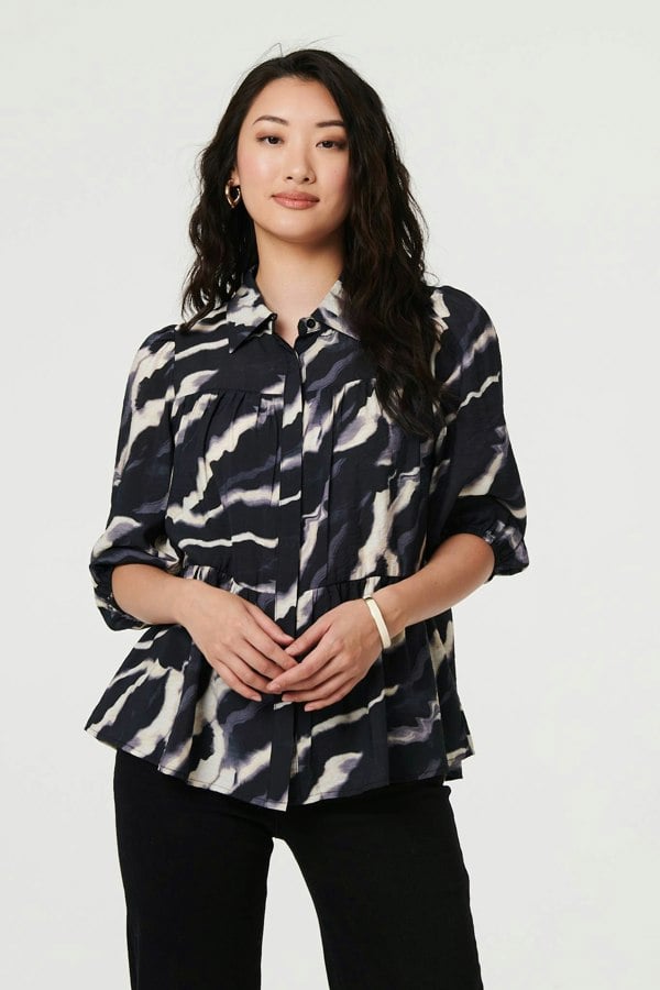 Navy | Marble Print 3/4 Sleeve Ruched Blouse
