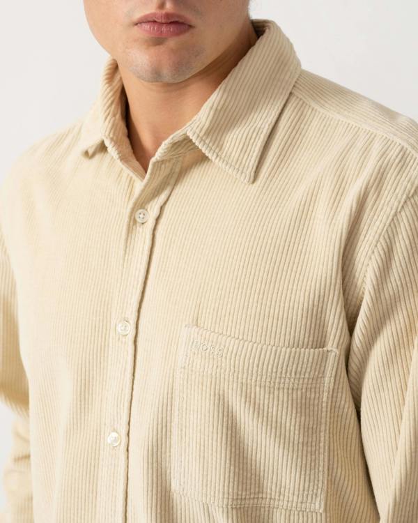 Close up of BOSS Orange Relegant 6 Mens Long Sleeve Cotton Shirt - Light Beige 271