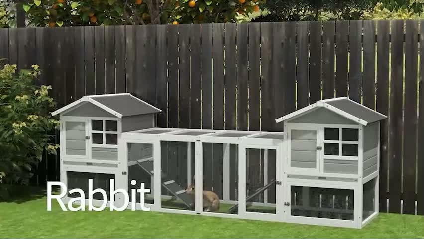 PawHut 2-In-1 Rabbit Hutch w/ Double House, Run Box, Slide-Out Tray, Ramp