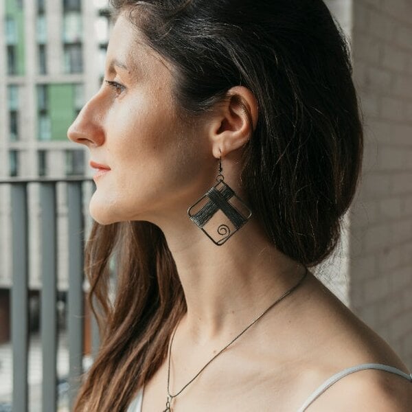 The Colourful Aura Black Square Wire Wrapped Statement Vintage Dainty Rectangle drop Corded Earring
