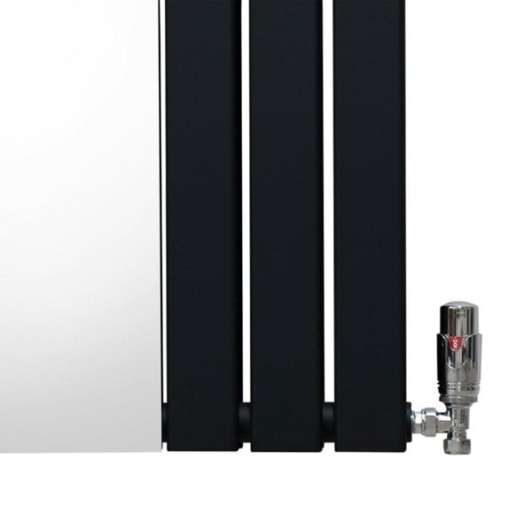Sleek black flat mirror radiator with three vertical panels and a chrome valve, measuring 1800mm x 565mm, ideal for modern interiors