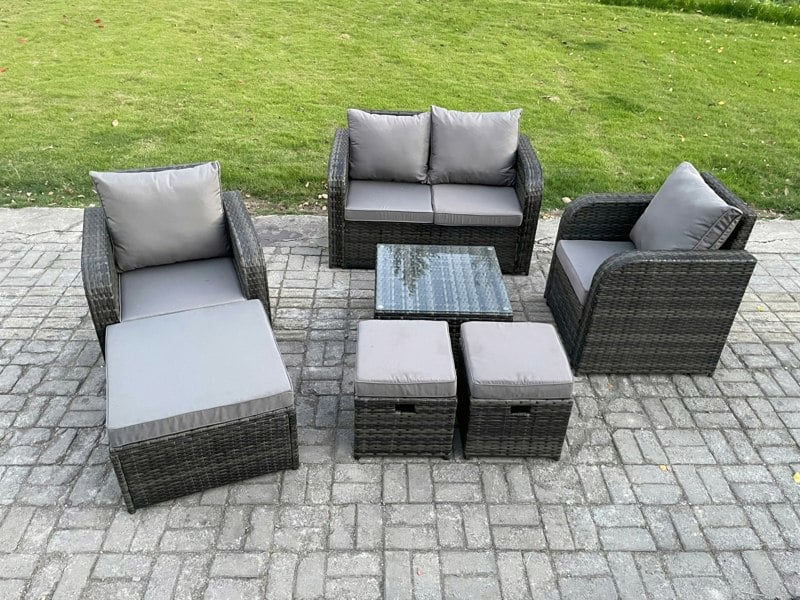 Fimous Rattan Garden Furniture Set Patio Conservatory Indoor Outdoor 7 Piece Set with Love Sofa Square Coffee Table 3 Footstools