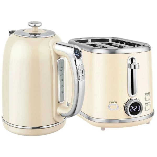 Cream retro electric kettle and toaster set with stainless steel accents and control panel
