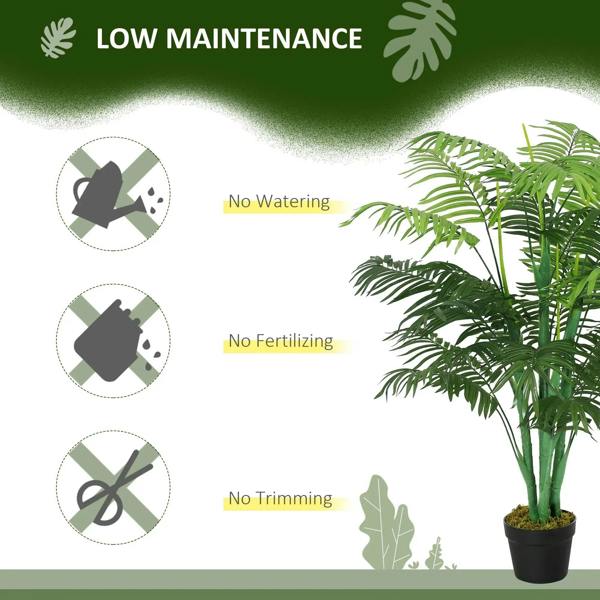 Low-maintenance artificial palm tree with green fronds in a black nursery pot